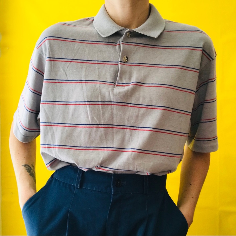 80s Gray Blue Red Striped Polo Shirt Vtg 1980s
